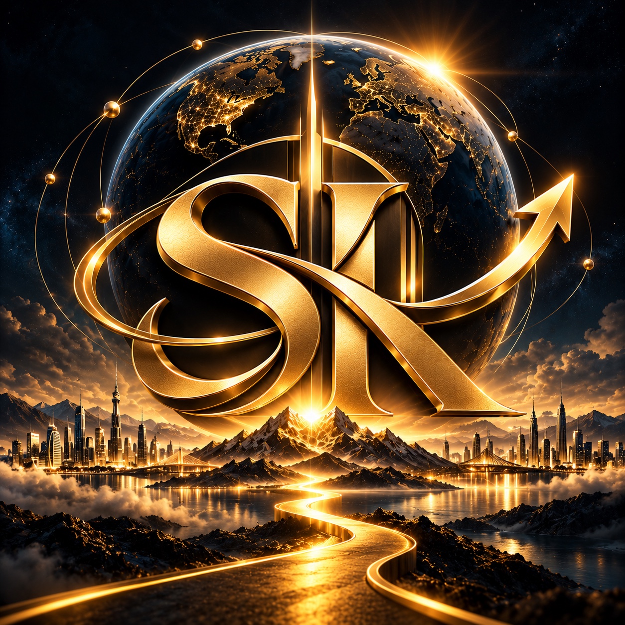Gold SK emblem with an upward arrow over a glowing globe